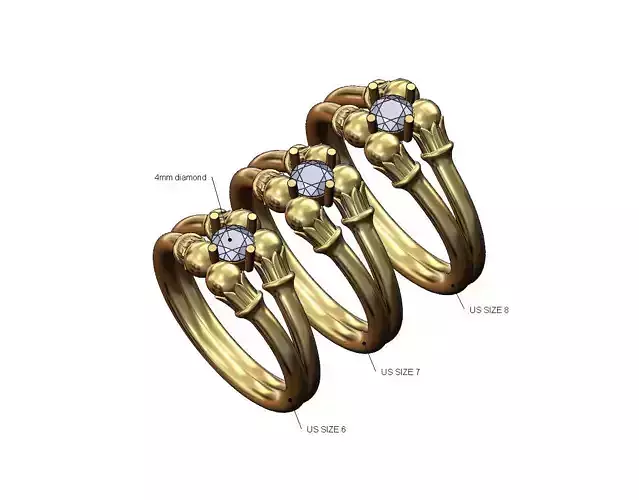 Diamond solitaire Lotus bead ends wire ring US sizes 6 7 8