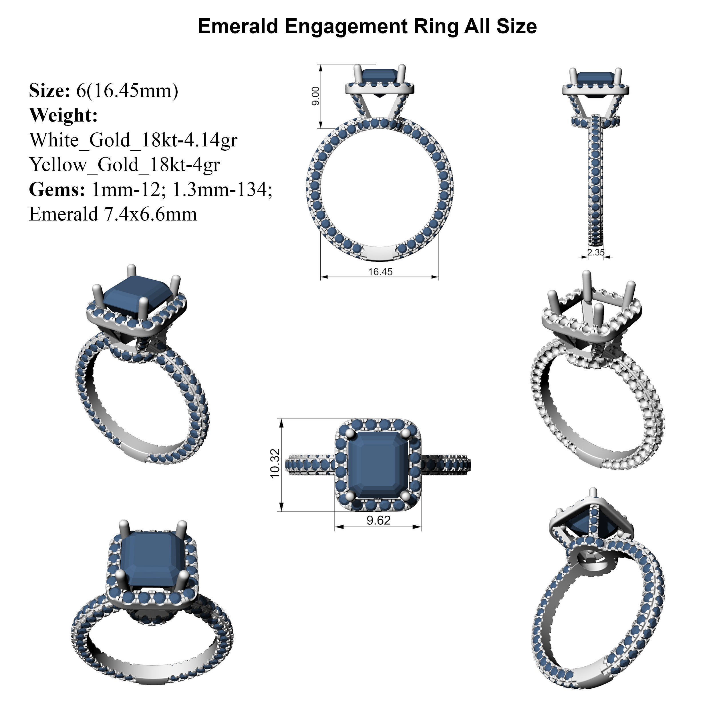 Emerald Engagement Ring All Size 3D print model_6