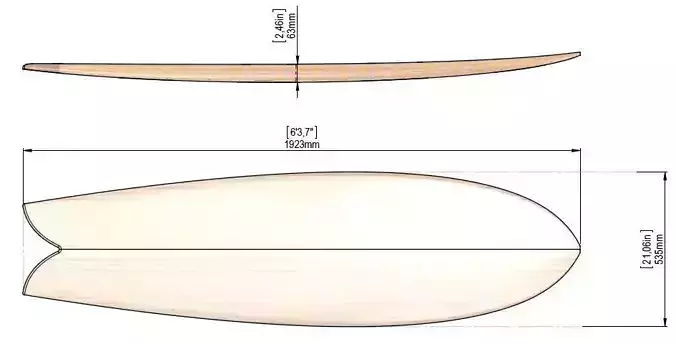 FishTemplate-Board diagram showing measurements of surfboard Free 3D model