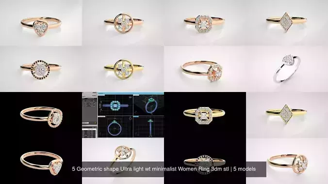 5 Geometric shape Ultra light wt minimalist Women Ring 3dm stl 3D Model Collection