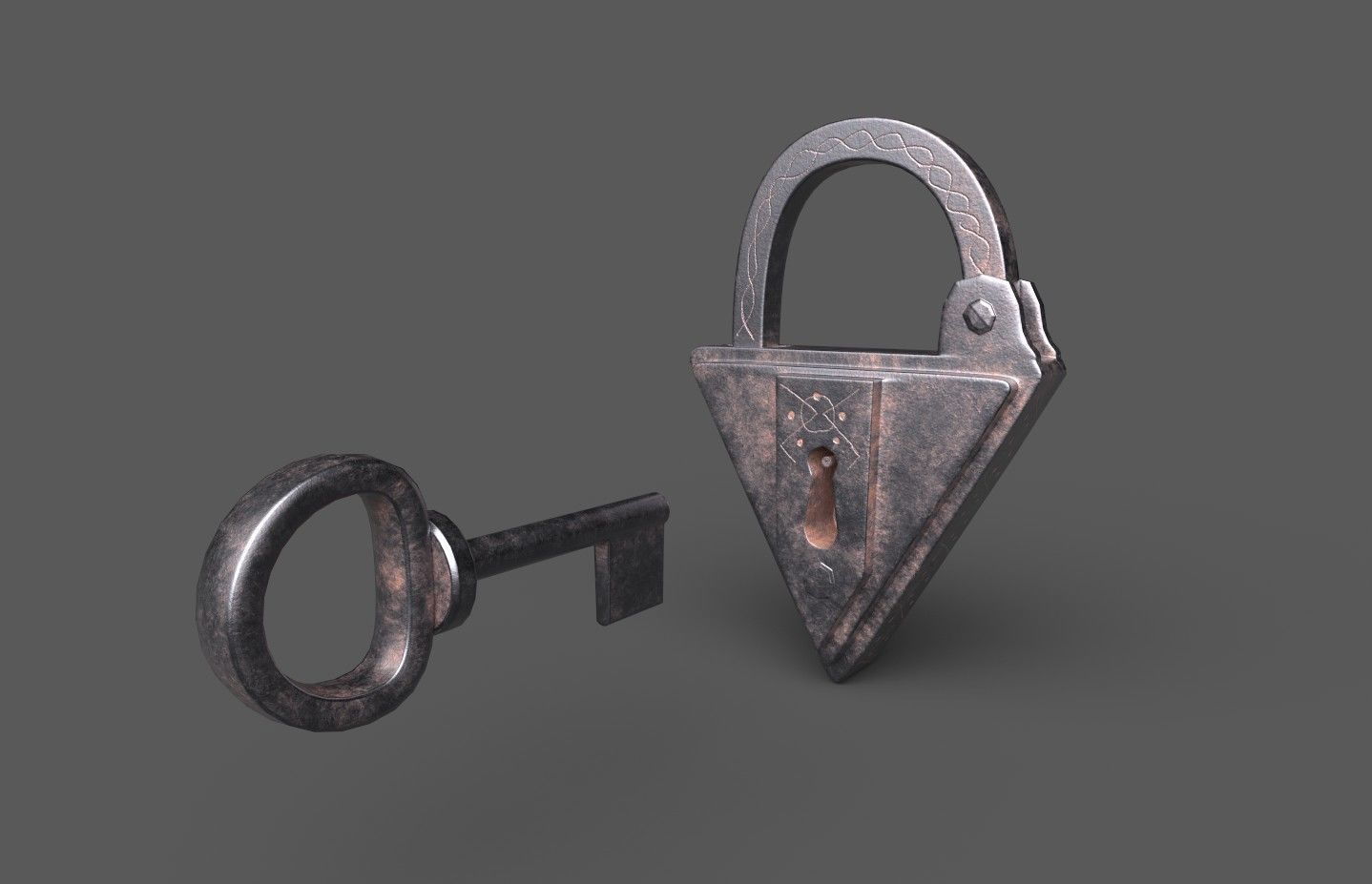Medieval decorated padlock with key Low-poly 3D model_28