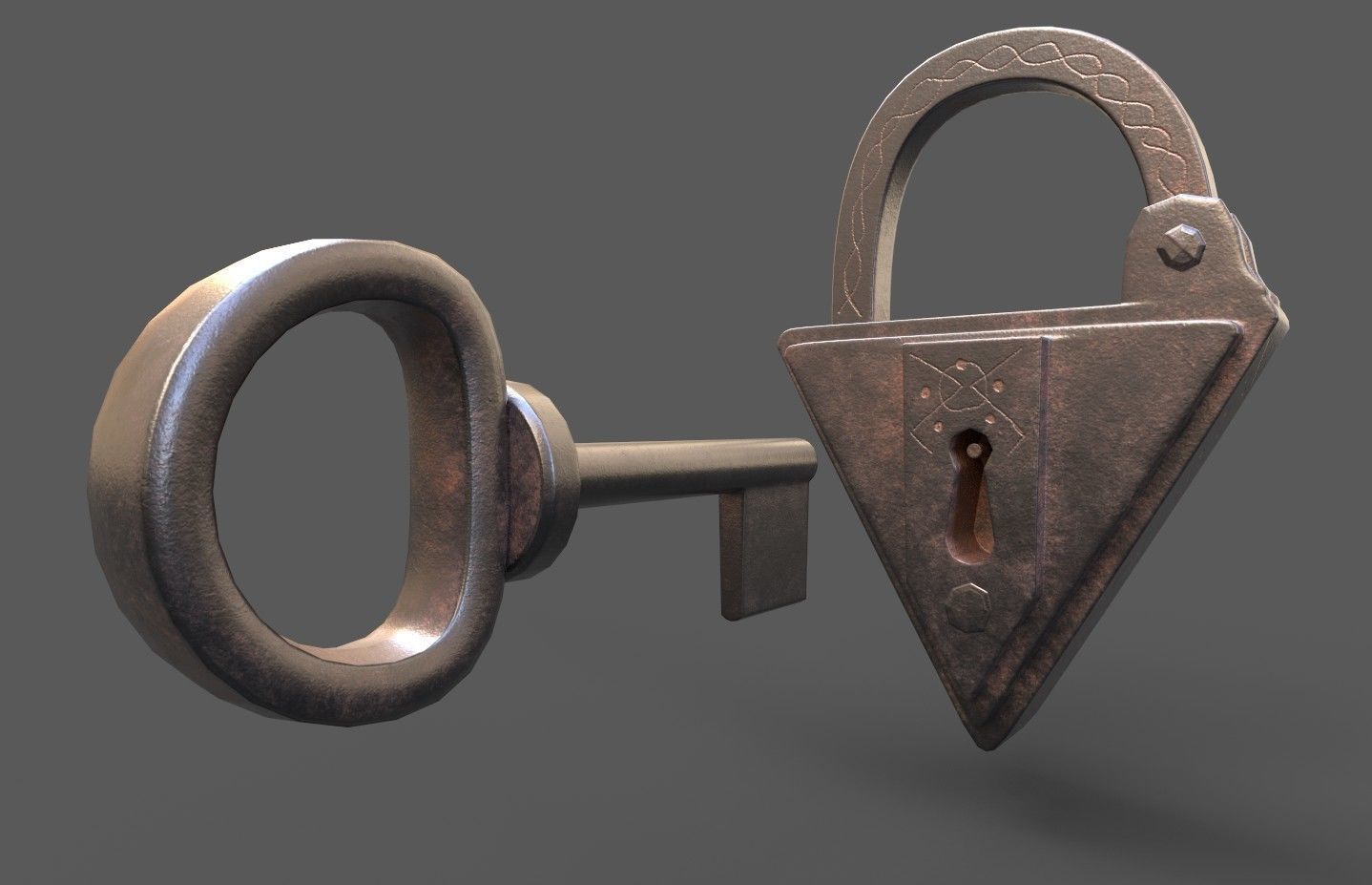 Medieval decorated padlock with key Low-poly 3D model_24