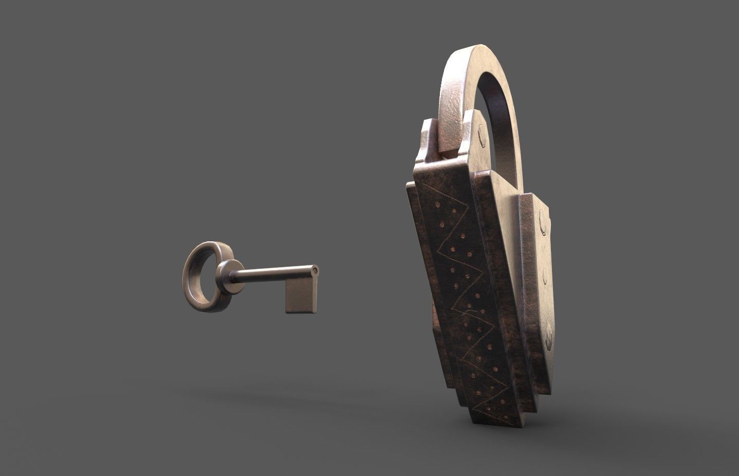 Medieval decorated padlock with key Low-poly 3D model_4