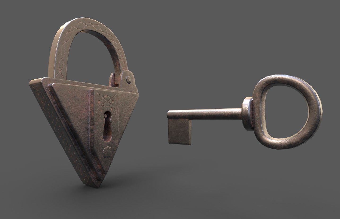 Medieval decorated padlock with key Low-poly 3D model_8