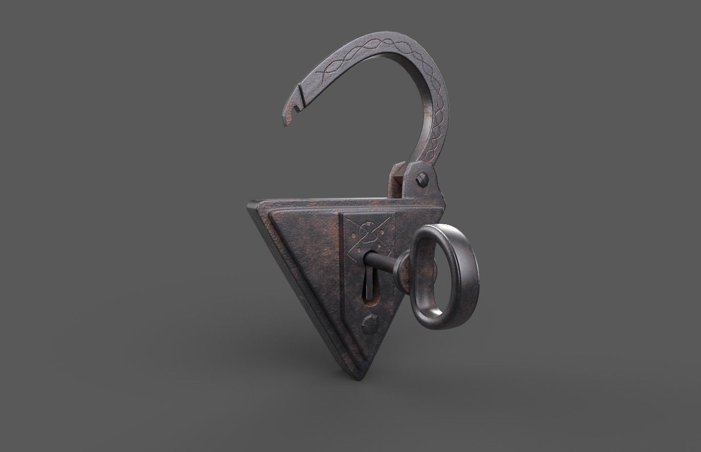 Medieval decorated padlock with key Low-poly 3D model_1