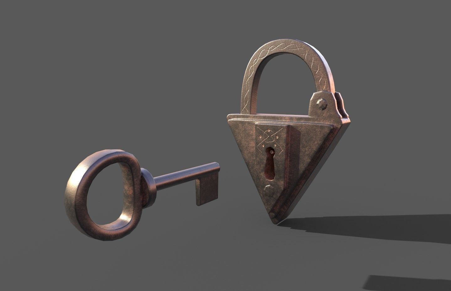 Medieval decorated padlock with key Low-poly 3D model_26