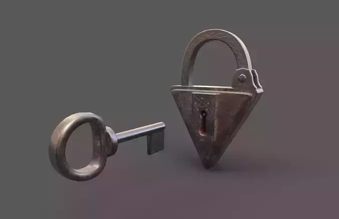 Medieval decorated padlock with key Low-poly 3D model