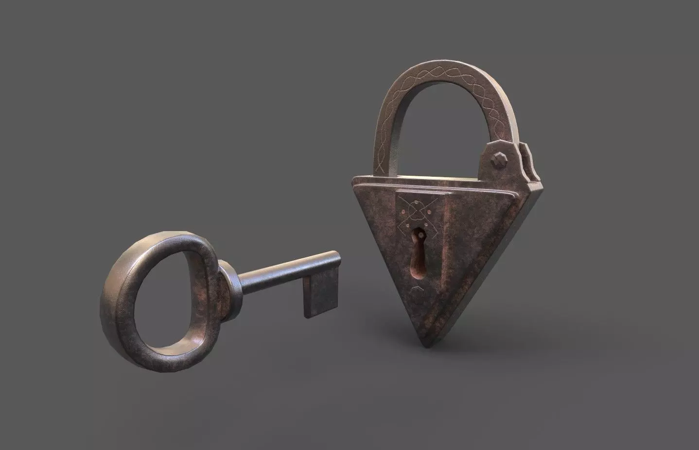 Medieval decorated padlock with key Low-poly 3D model_0