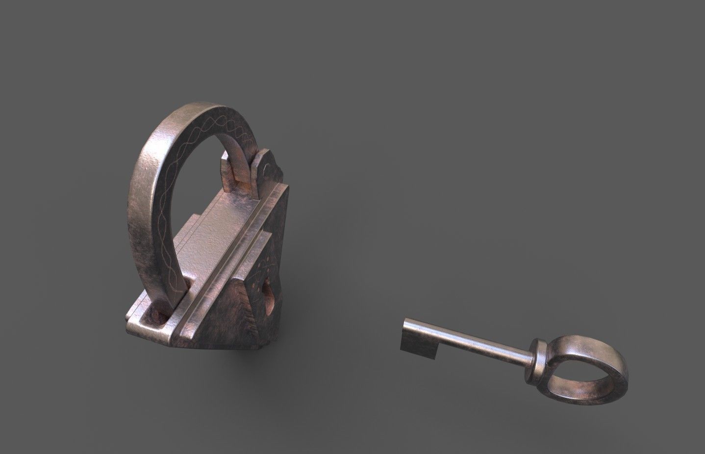 Medieval decorated padlock with key Low-poly 3D model_9