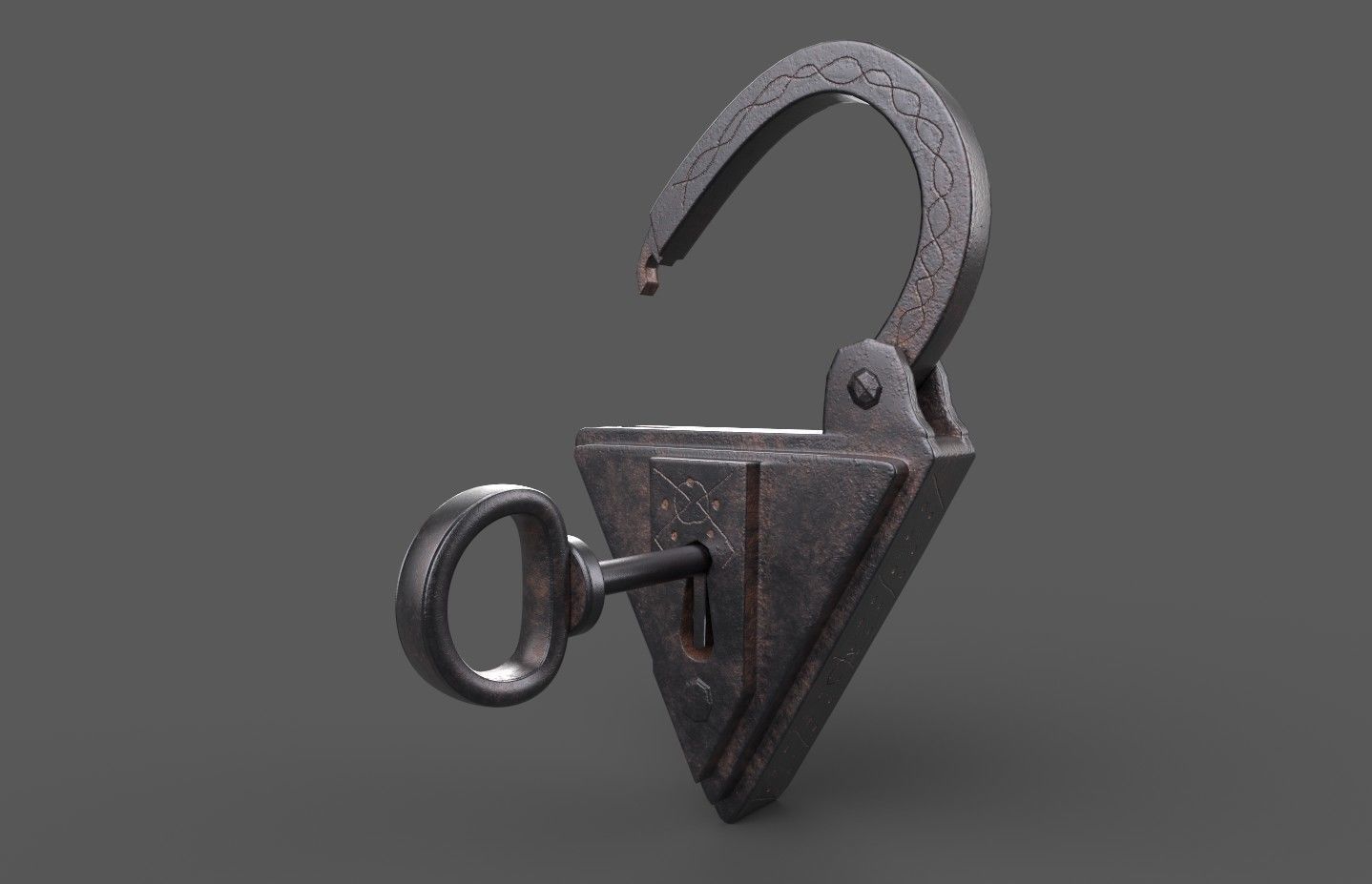 Medieval decorated padlock with key Low-poly 3D model_17