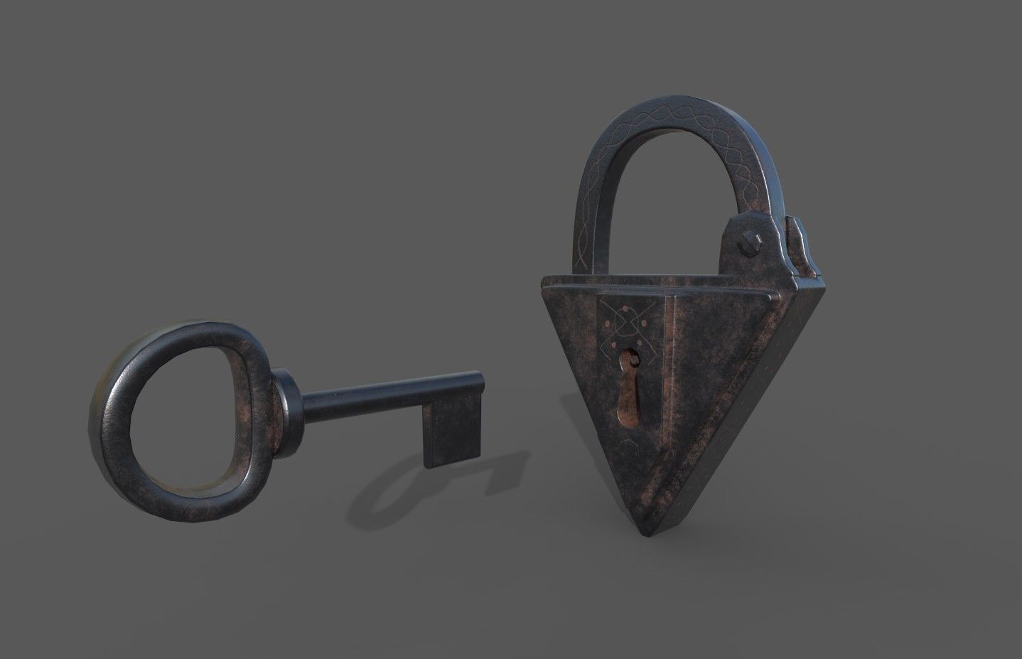 Medieval decorated padlock with key Low-poly 3D model_25