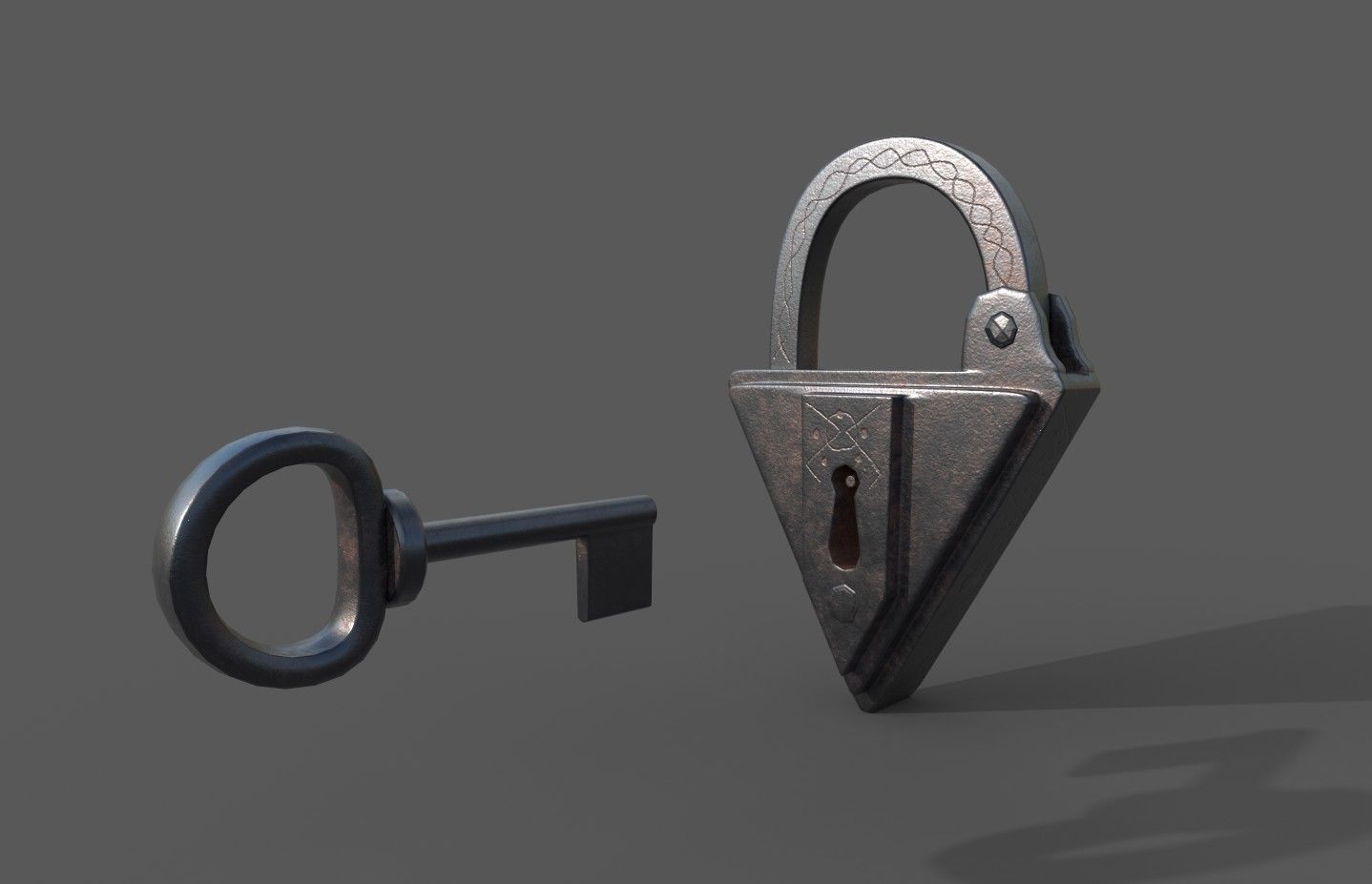 Medieval decorated padlock with key Low-poly 3D model_2