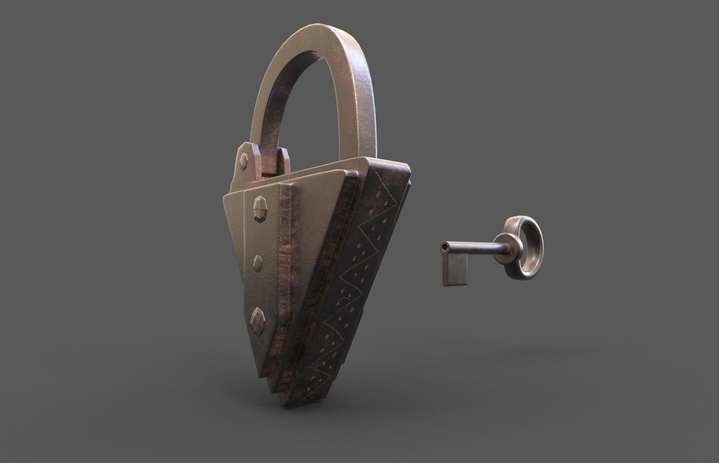 Medieval decorated padlock with key Low-poly 3D model_7