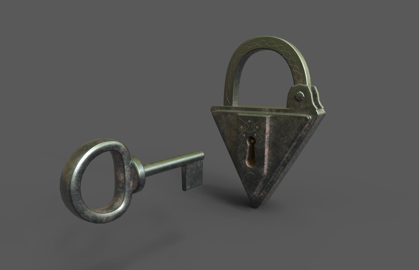 Medieval decorated padlock with key Low-poly 3D model_27