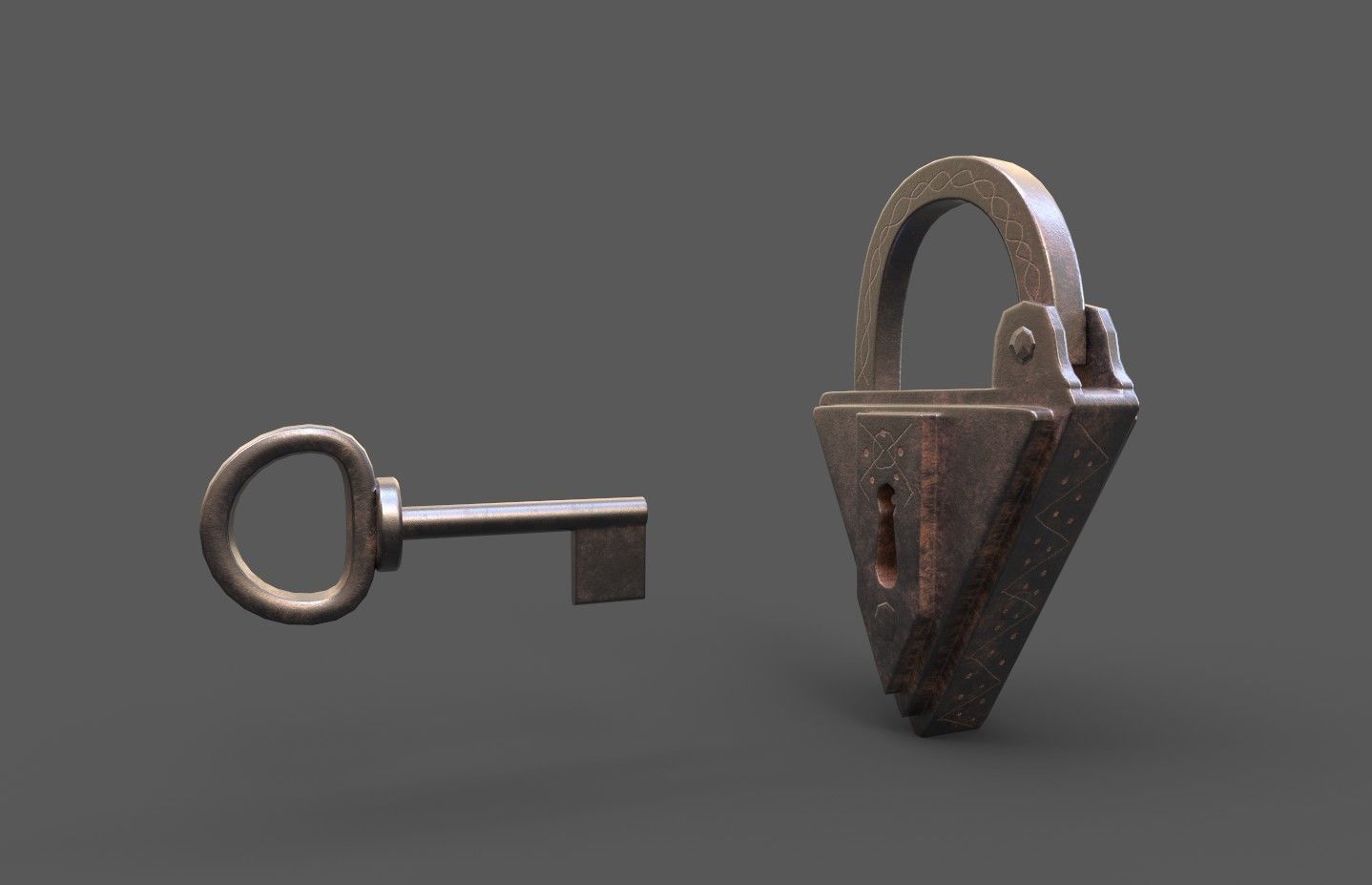 Medieval decorated padlock with key Low-poly 3D model_3