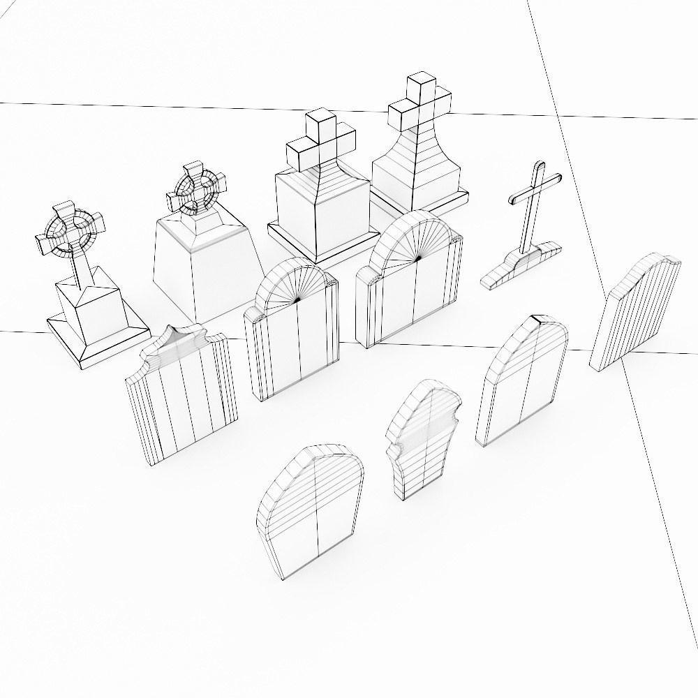 Tombstone low poly 3d model set 2 group of gravestones Low-poly 3D model_7