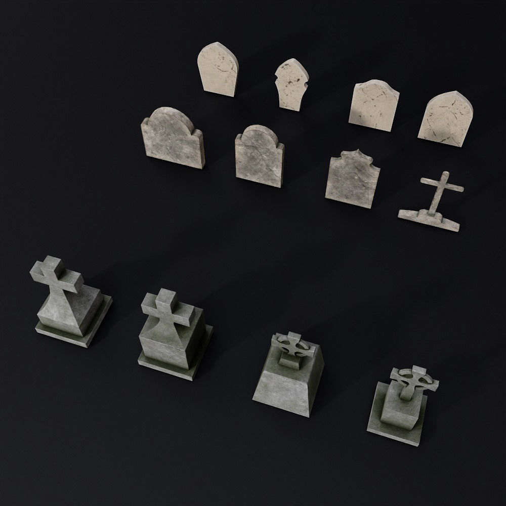 Tombstone low poly 3d model set 2 group of gravestones Low-poly 3D model_2