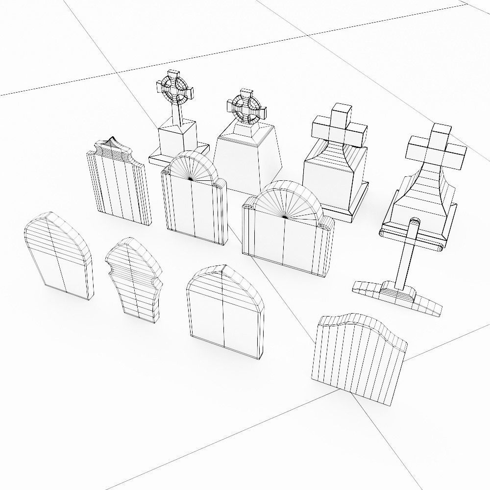 Tombstone low poly 3d model set 2 group of gravestones Low-poly 3D model_8