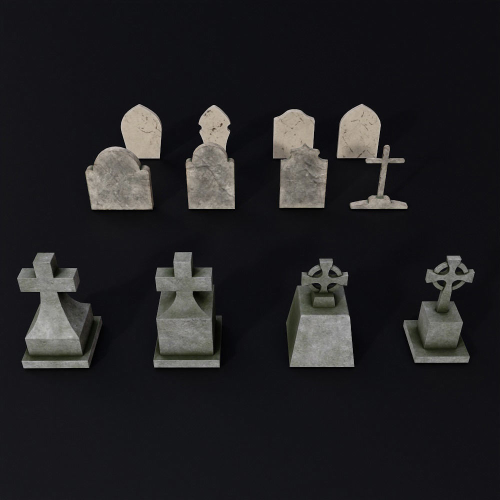 Tombstone low poly 3d model set 2 group of gravestones Low-poly 3D model_1
