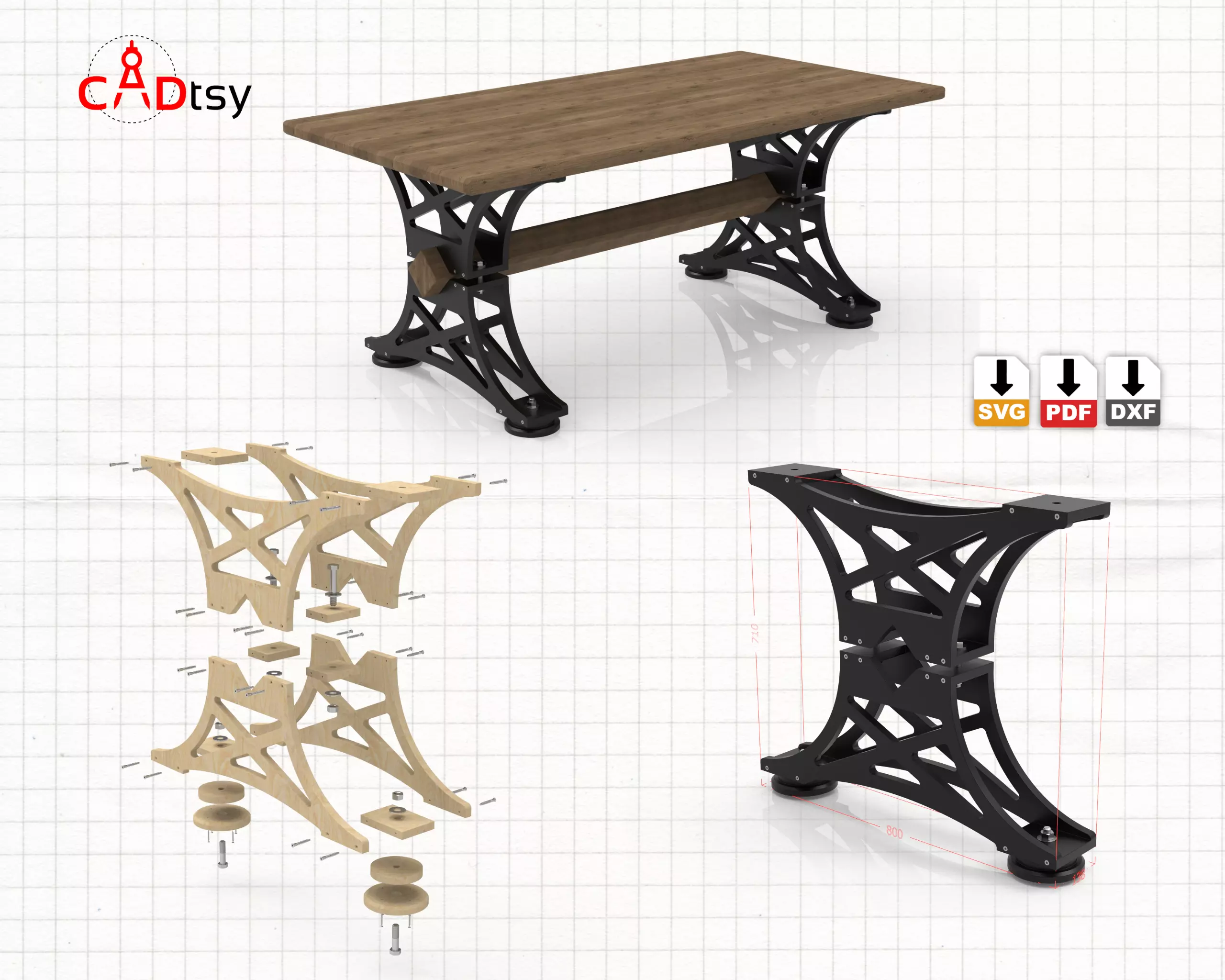Table DXF CNC Vector Plans for Wooden Industrial Style Table Leg 3D model_0