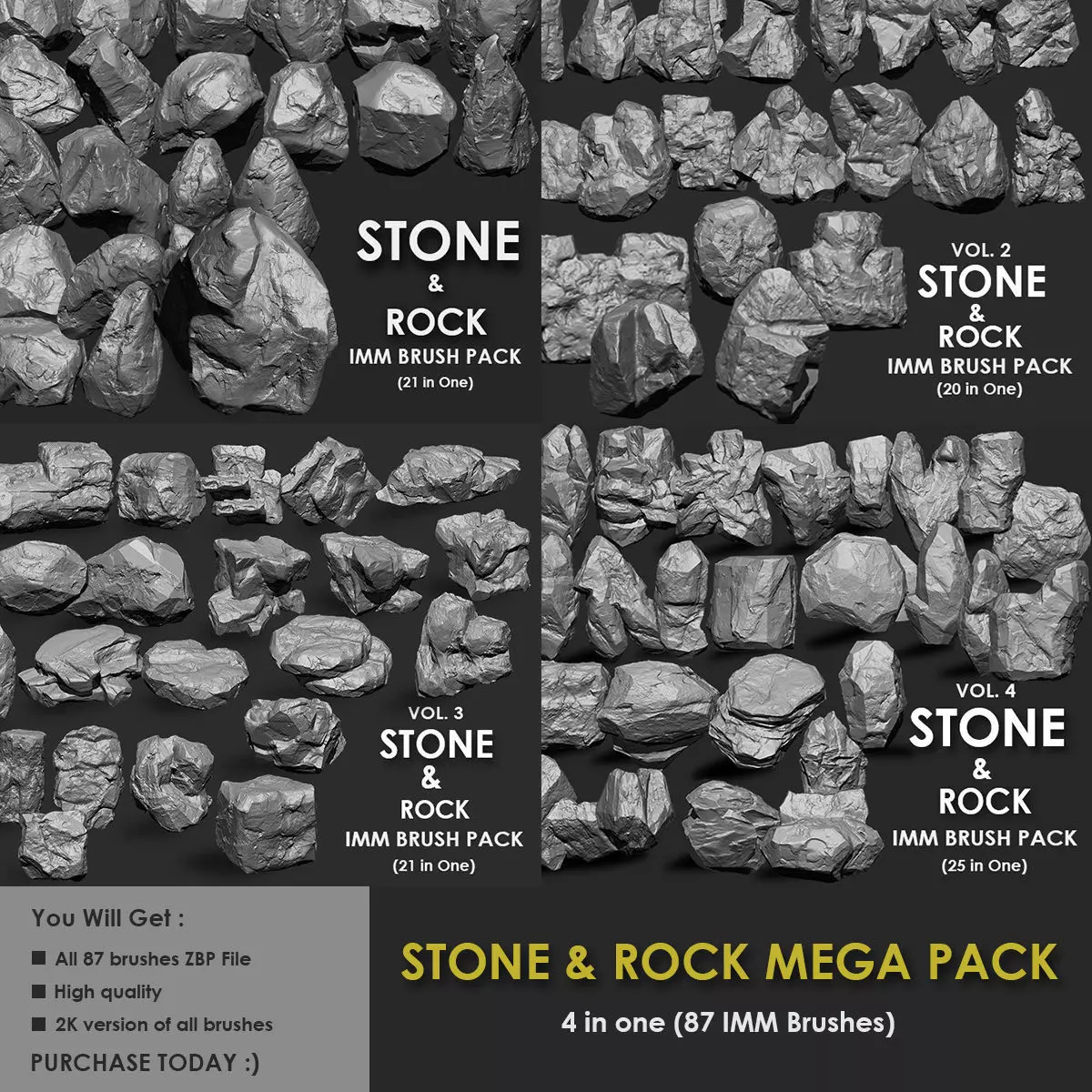 STONE AND ROCK MEGA PACK 4 IN ONE - 87 BRUSHES 3D model_0