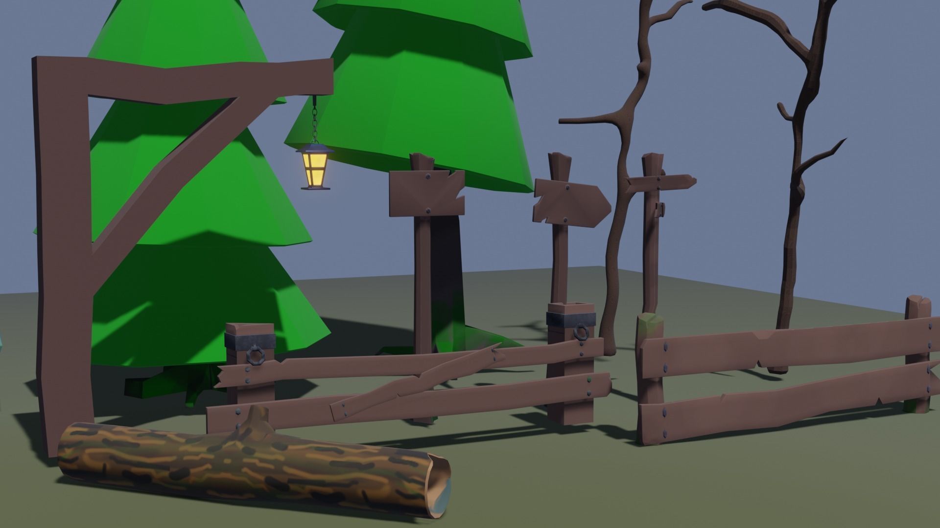 Low Poly Cartoon Trees Grass Plants Fence Barrel Low-poly Free low-poly 3D model_1