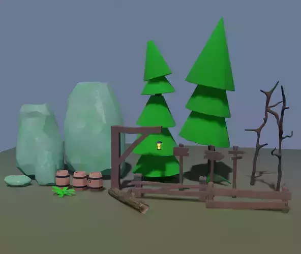 Low Poly Cartoon Trees Grass Plants Fence Barrel Low-poly
