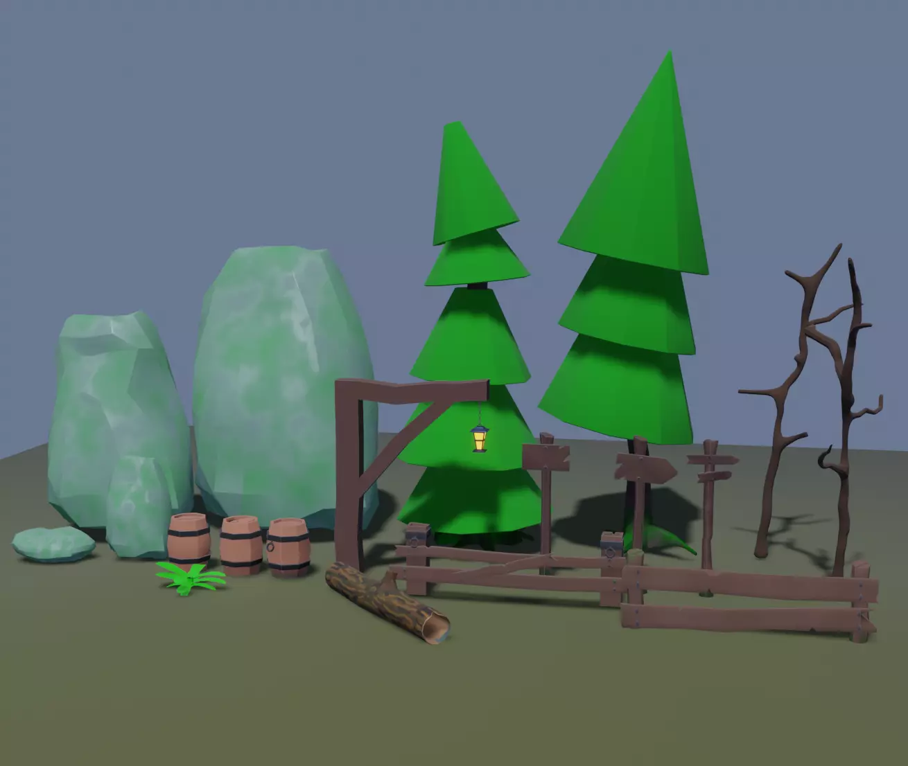 Low Poly Cartoon Trees Grass Plants Fence Barrel Low-poly Free low-poly 3D model_0