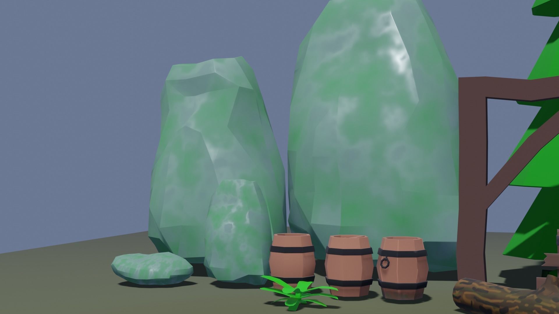 Low Poly Cartoon Trees Grass Plants Fence Barrel Low-poly Free low-poly 3D model_2