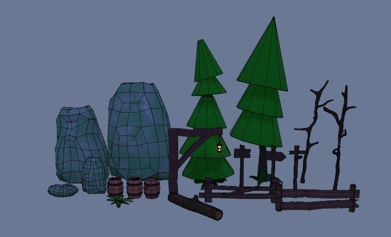Low Poly Cartoon Trees Grass Plants Fence Barrel Low-poly Free low-poly 3D model_3