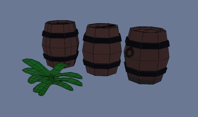 Low Poly Cartoon Trees Grass Plants Fence Barrel Low-poly Free low-poly 3D model_5