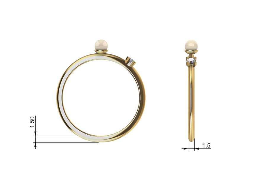 Single Pearl and Diamond Ring 10 Sizes 3D print model_4