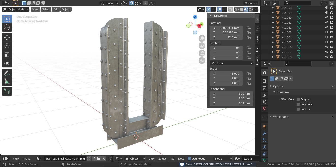 Steel Construction Font - Letter U 3D model_6