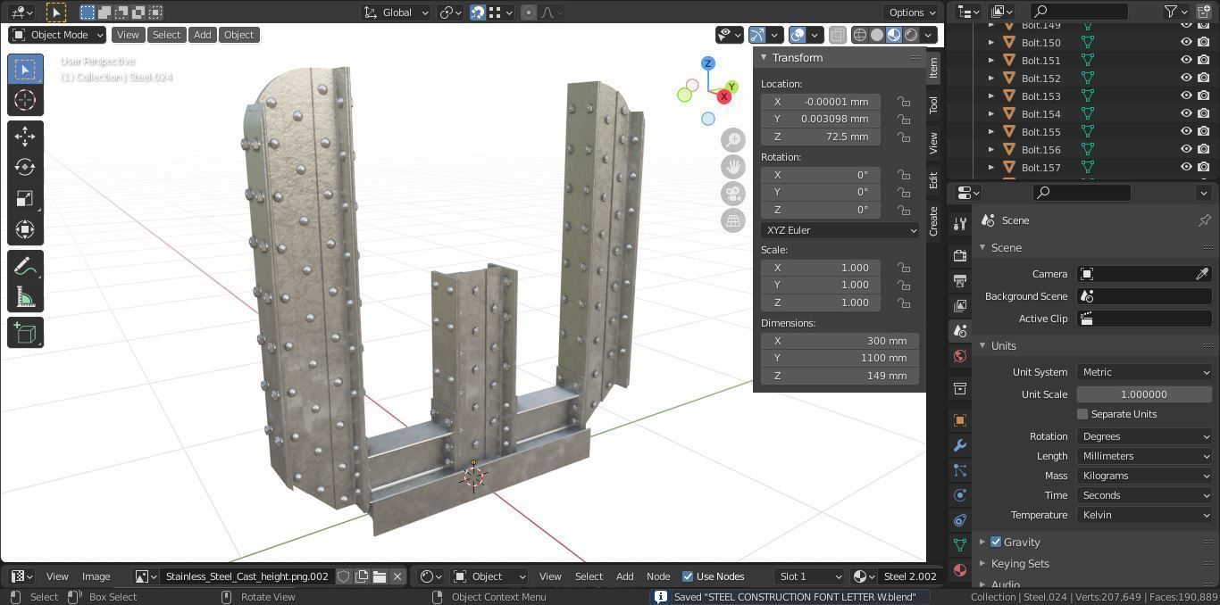 Steel Construction Font - Letter W 3D model_6