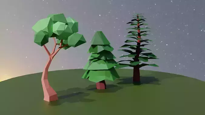 Low-poly tree collection three trees in circle