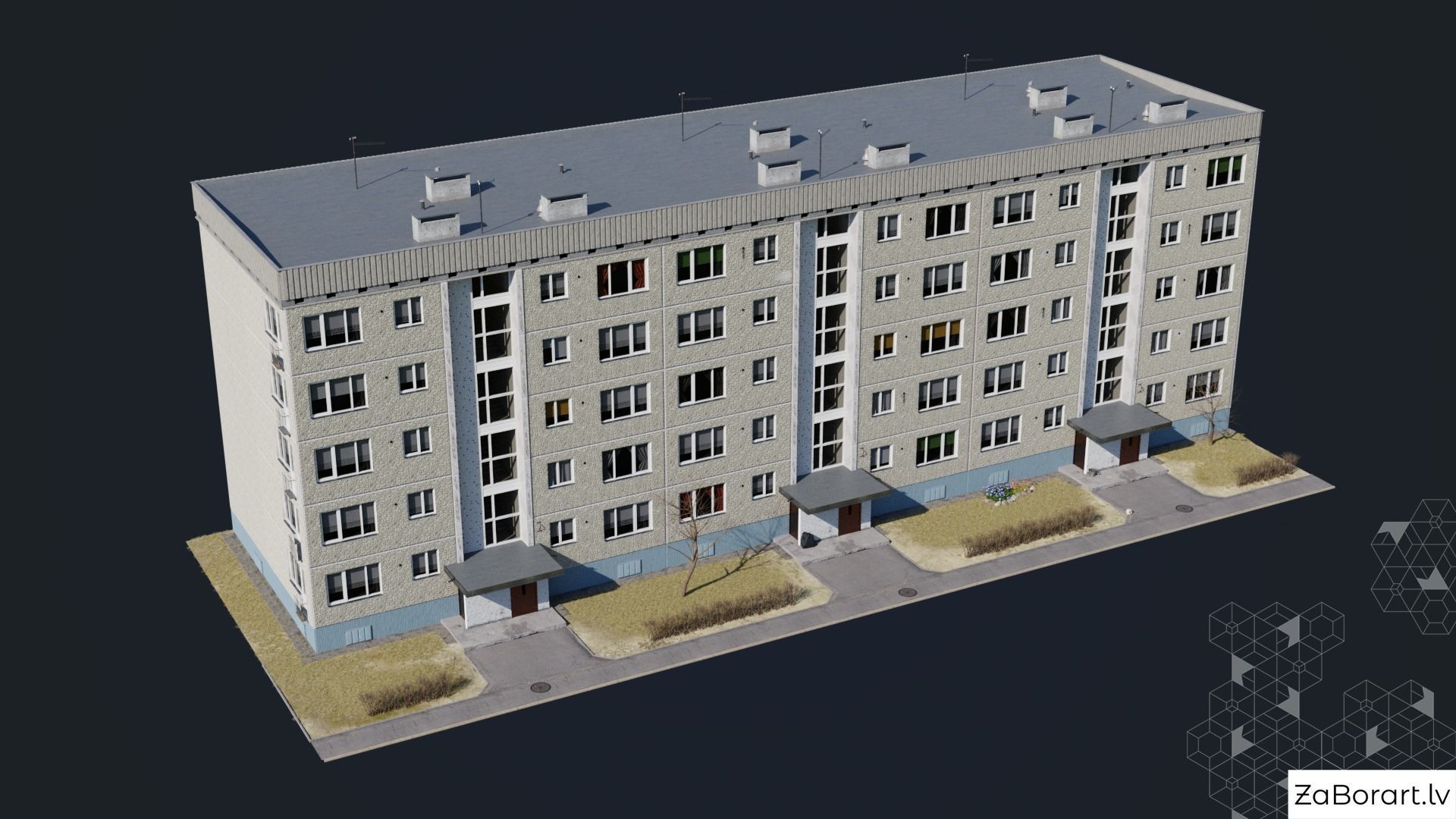 Soviet procedural building Low-poly 3D model_1
