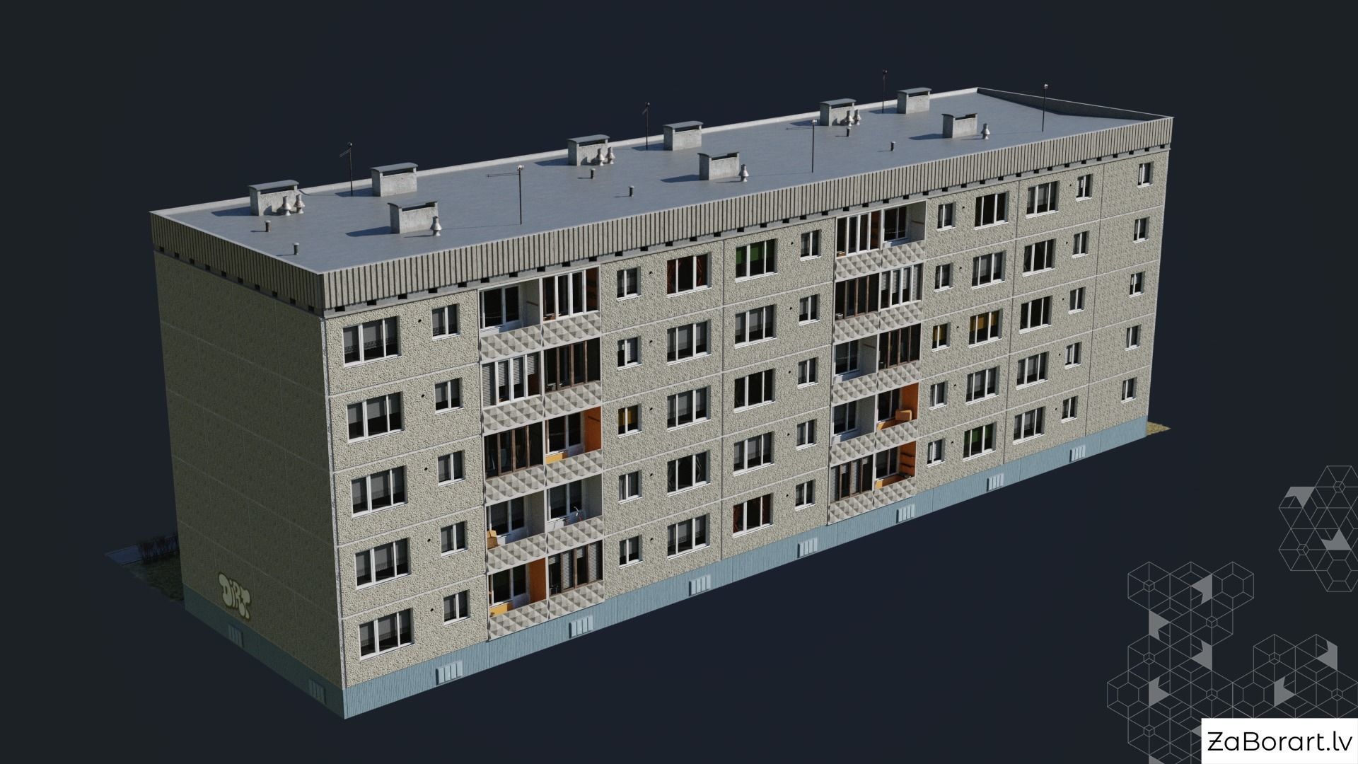 Soviet procedural building Low-poly 3D model_4