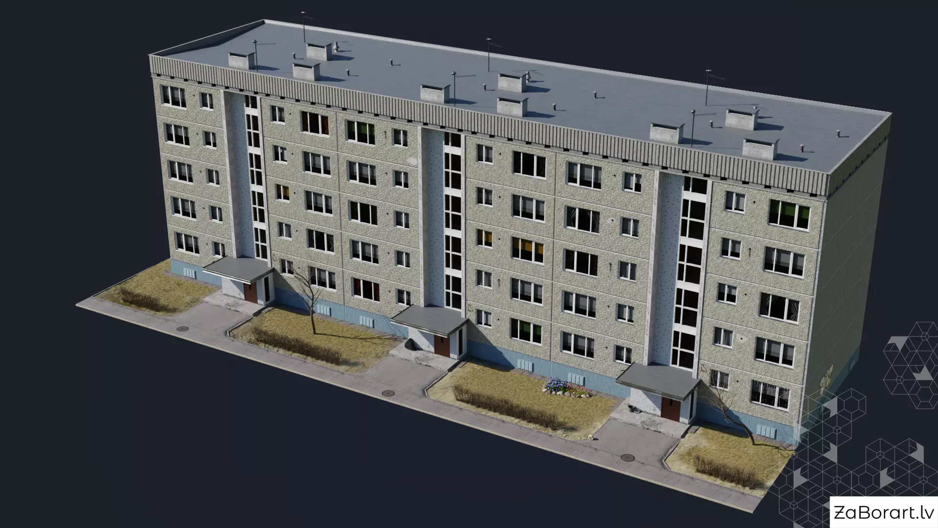 Soviet procedural building Low-poly 3D model_0