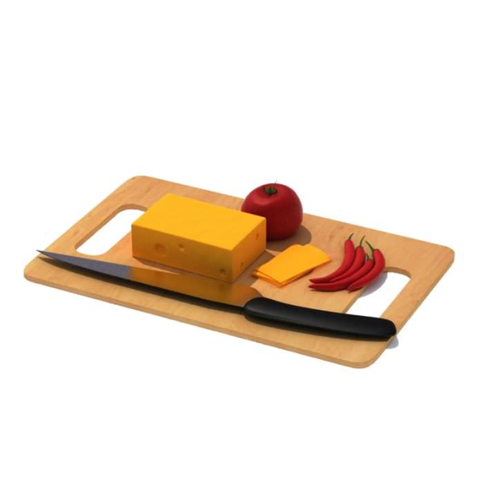 Wooden Chopping Board With Orange Cheese Tomatoes And Chillie...