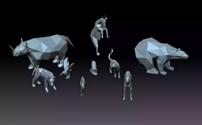 low poly animals group of in polygons