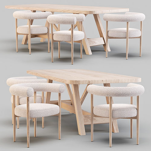 Dining Set Crate and Barrel - Aya Table and Mazz Boucle Chair 3D model