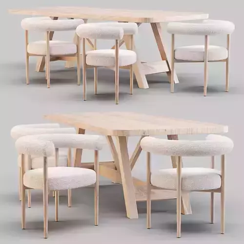 Dining Set Crate and Barrel - Aya Table and Mazz Boucle Chair 3D model