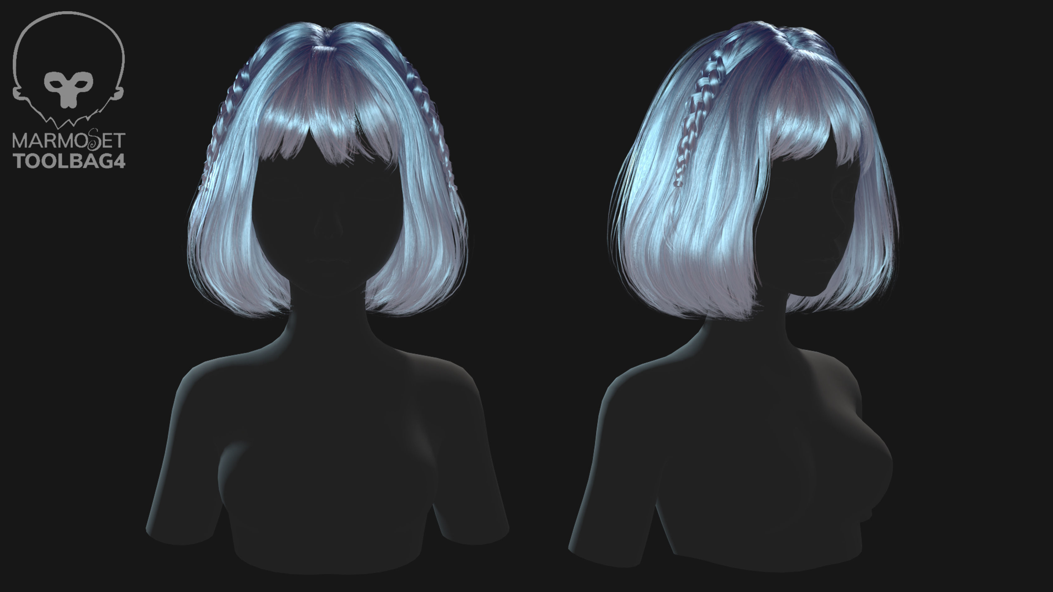 Low poly cards Game-ready hairstyle bob with braids Low-poly 3D model_2