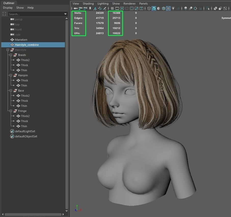 Low poly cards Game-ready hairstyle bob with braids Low-poly 3D model_12