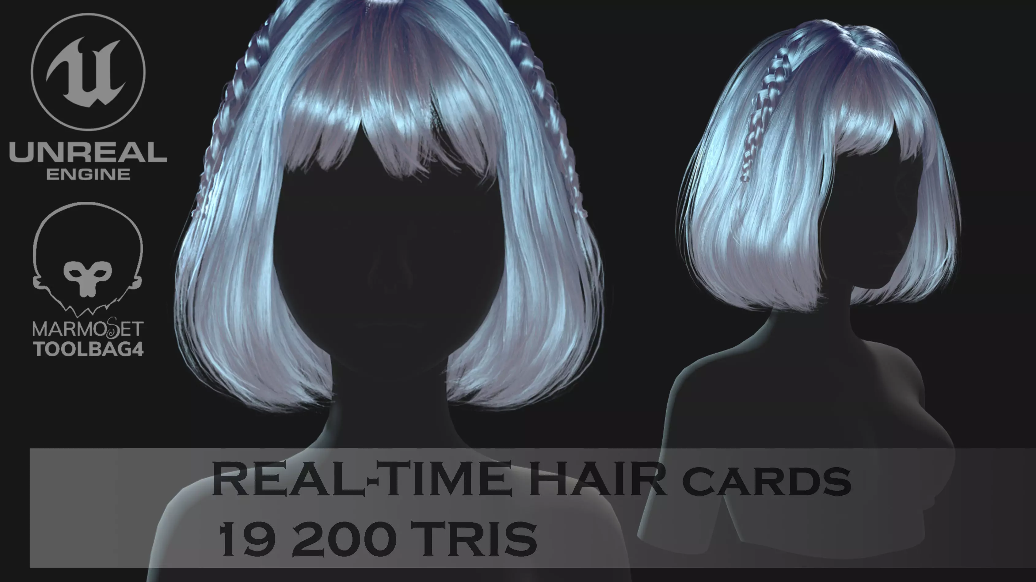 Low poly cards Game-ready hairstyle bob with braids Low-poly 3D model_0