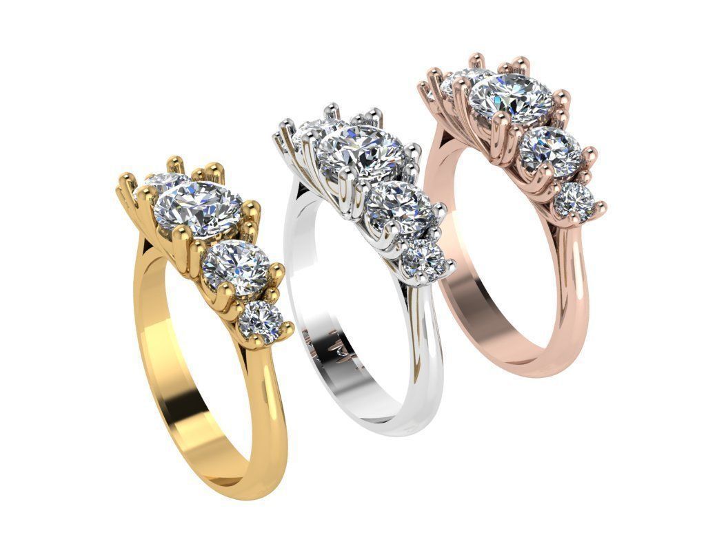 Ring111 three stone diamond ring gold 3D print model_4