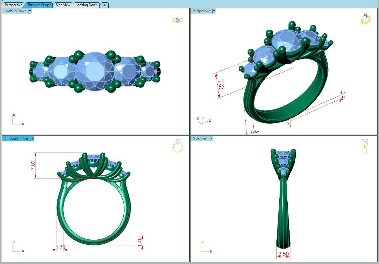 Ring111 three stone diamond ring gold 3D print model_5