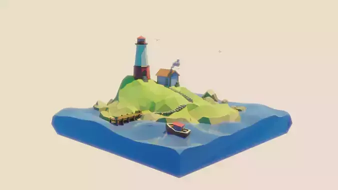Low Poly 3D Lighthouse polygonal island