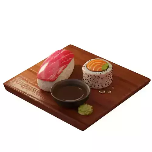 sushi set on wooden cutting board 3D model