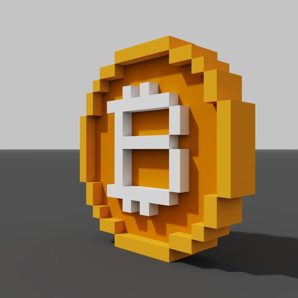 Bitcoin symbol like pixel art Low-poly 3D model_1